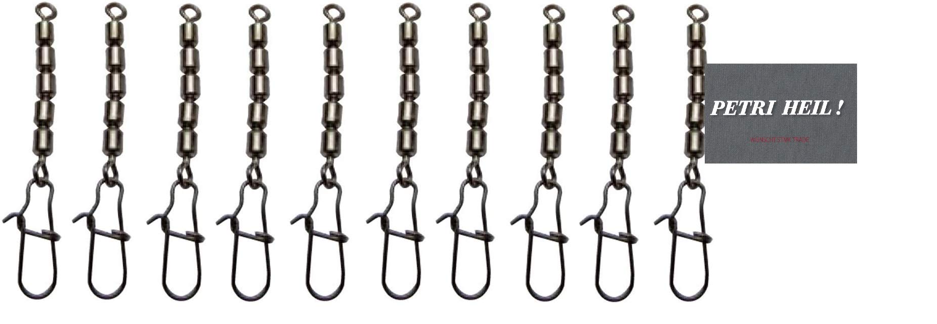 Set: 2 packs (10 pieces in total) Behr 5-fold swivel with carabiner snap trout swivel, black nickel, size 12, 9 kg + free Petri Heil! sticker.