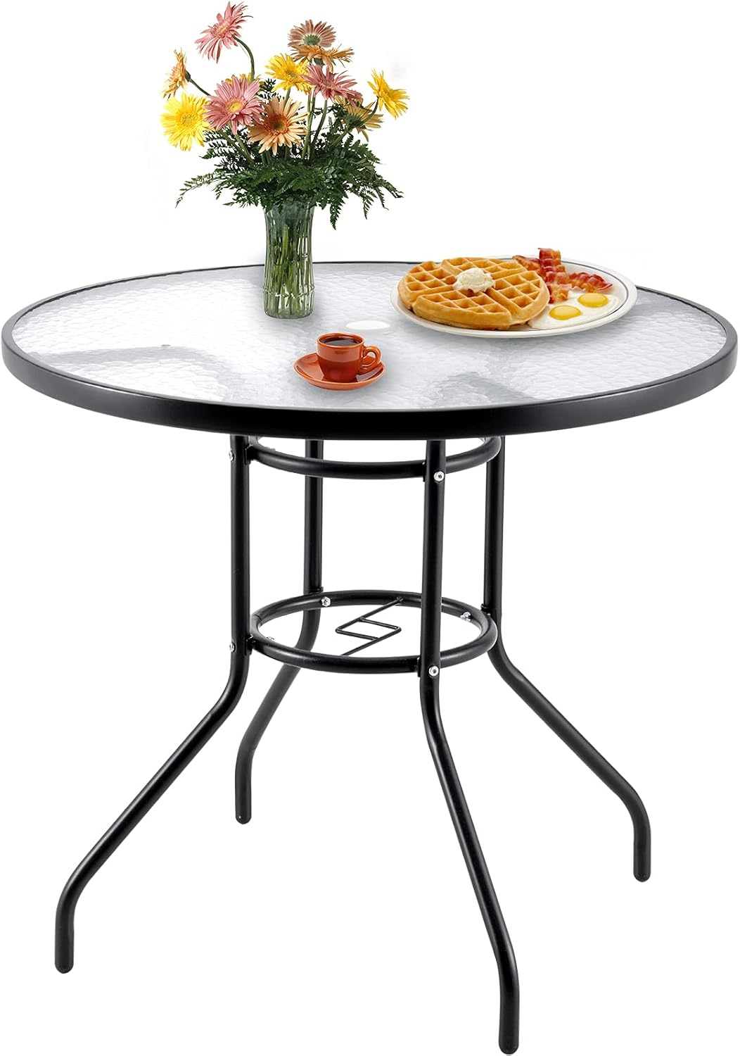 Outdoor Patio Dinning Table, 32In Outside Round Bistro Glass Tables with Tempered Glass Top and Umbrella Hole, Wrought Iron Frame Patio Table for Patio Backyard Garden Balcony: Kitchen & Dining