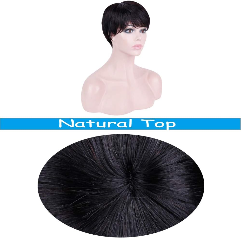 Becus Short Black Wigs for Women Brazilian Human Hair Layered Black Wig with Fringe Bangs Pixie Human Hair Daily Use (Natural Black#1B) - Image 4