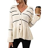 Women's Striped Sweater Cardigan Flared Hem Button Down Knit Sweaters Long Sleeve V Neck Outerwear