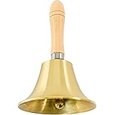 MrMrKura Super Loud Solid Brass Hand Call Bells with Wooden Handle for Church, Hotel, School, Service, Wedding (M)