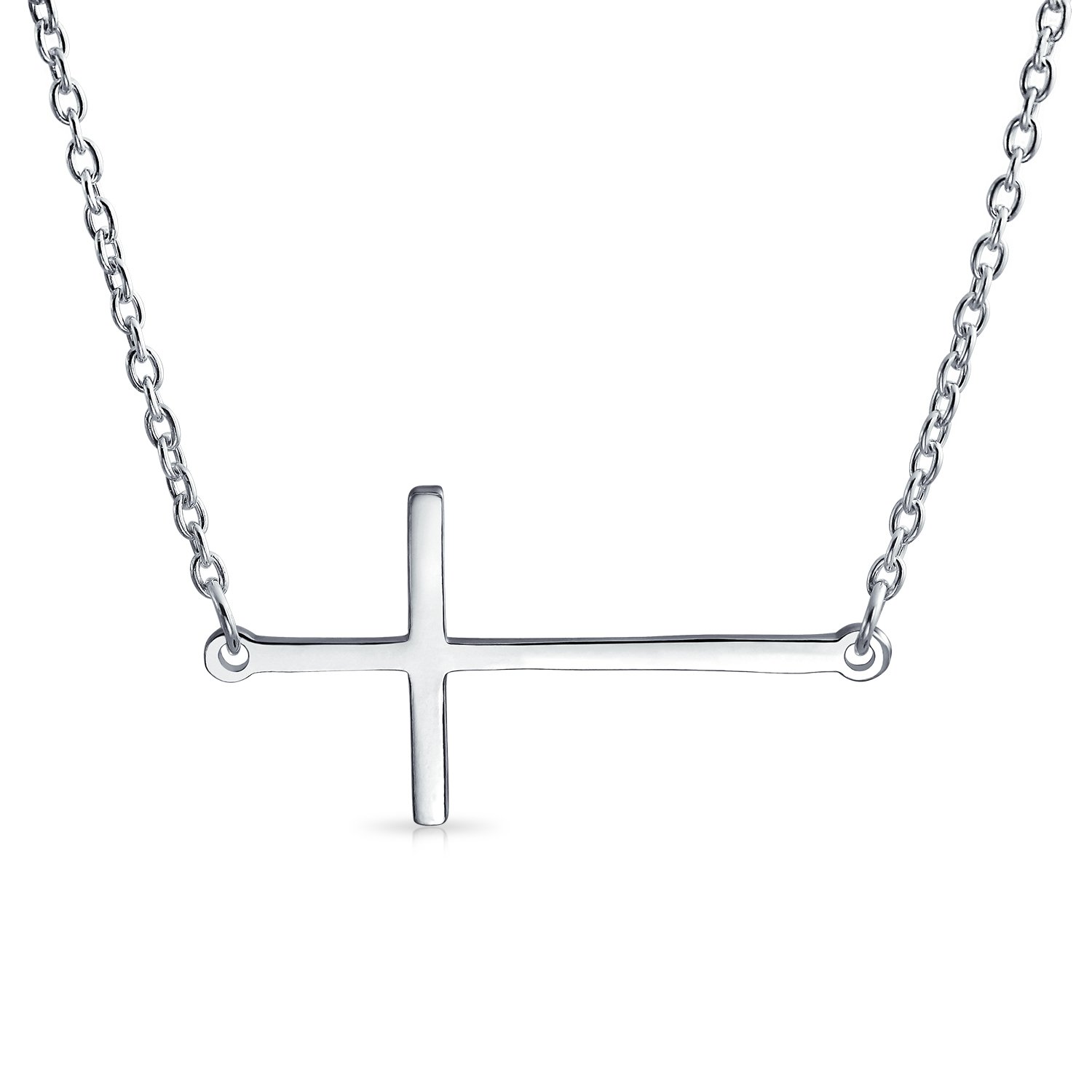 Bling Jewelry Minimalist Simple Plain Horizontal Flat Sideways Cross Necklace Station Pendant For Women Teens .925 Sterling Silver — image 1