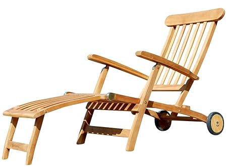 ASS Hochwertiger Teak Steamer DECKCHAIR Deckstuhl Liegestuhl Sonnenliege Gartenliege Relaxsessel Holz mit Rädern Modell: JAV-