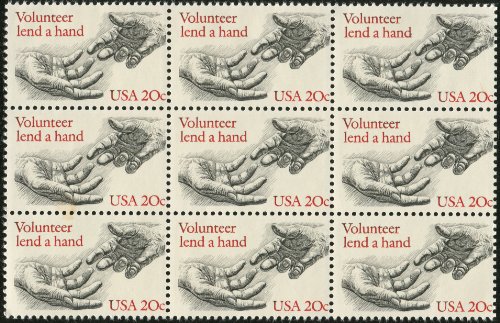 VOLUNTEER ~ LEND A HAND ~ GIFT OF SELF #2039 Block of 9 x 20 US Postage Stamps
