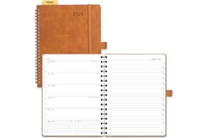 POPRUN 2025 Planner Weekly Notebook [Medium Size 8.5''x 6.5''] - Agenda 2025 Appointment Book with Monthly Tabs, Spiral Soft Cover Calendar, Inner Pocket, 100 GSM - Brown