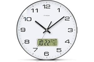 TIMESS Wall Clock, 12" Dial Non-Ticking Silent Battery Operated Analog with LCD Display for Perpetual Calendar and F° Temperature, Ideal Modern Home, Bedroom, Kitchen, Office Decor (Black)