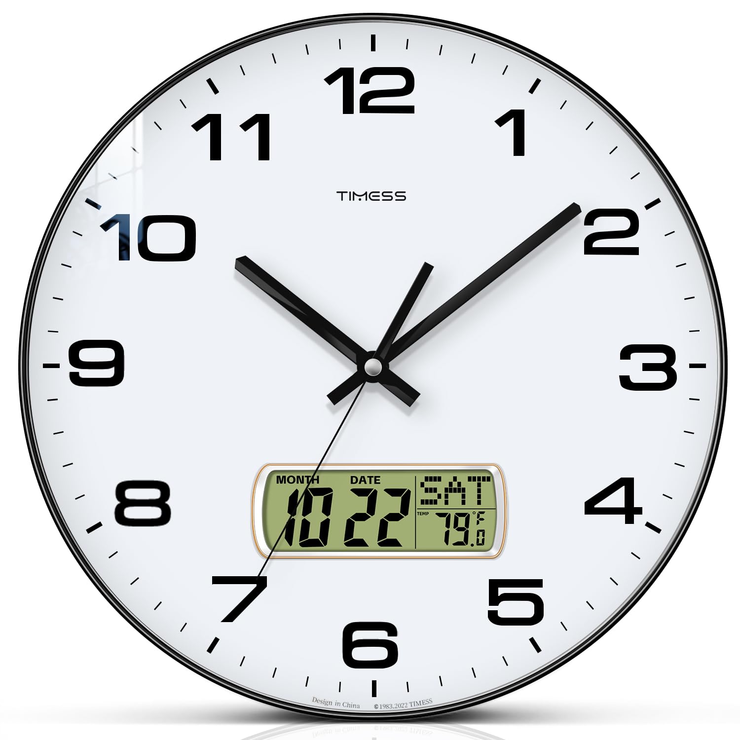 Photo 1 of TIMESS Wall Clock, 10" Dial Non-Ticking Silent Battery Operated Analog with LCD Display for Perpetual Calendar and F° Temperature, Ideal Modern Home, Bedroom, Kitchen, Office Decor (Black)