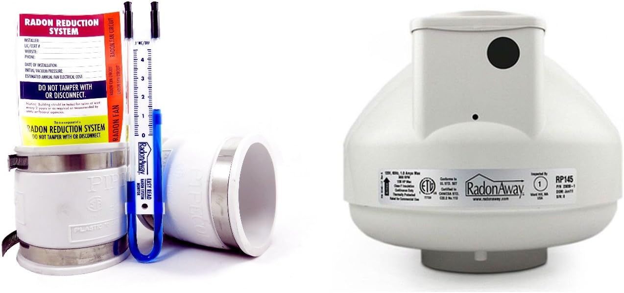 RadonAway RP140 Fan + Install Kit (Rubber couplings, dynameter and labels) (4x4, White)