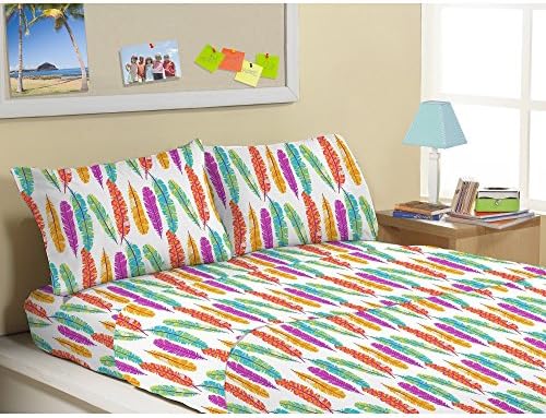 3 Piece Twin White Micki Bubblegum Pattern Sheet Set, White Color Feather Dream Cathcher Printed All Over Printed Deep Pocket Kids Bedding, Luxurious Cute Colorful Teen Themed, Microfibre Polyester