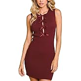 zhaistar Women's Crew Neck Bow Knot Bodycon Mini Dress Sleeveless Ribbed Knit Cocktail Party Club Short Dresses