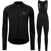 CR Winter Men's Cycling Jersey Long Sleeves Thermal Fleece Bike Jersey + Bib Pants, Winter Cycling Clothing Set for Men