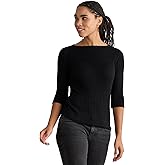 Fair Indigo Women's Organic Cotton 3/4 Sleeve Cable Boat Neck Sweater