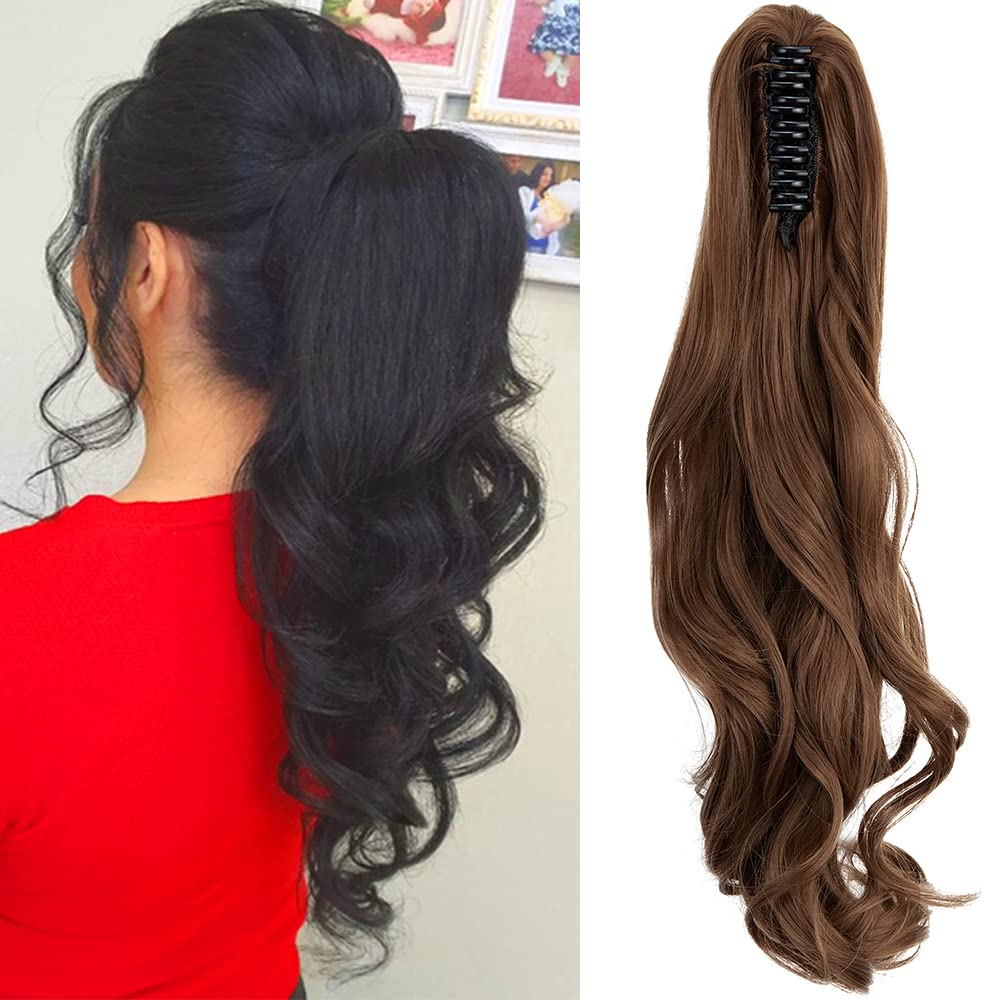 OMGREAT Claw Clip in Ponytail Hair Extension Synthetic Hair One Piece Clip on Hairpieces Curly 18 inch Light Chestnut Brown (150g)