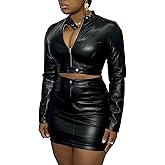 Sexyshine Women's 2 Piece Faux Leather Outfits Long Sleeve Zipper Up Buckle Crop Top Jacket Bodycon PU Skirt Set Clubwear