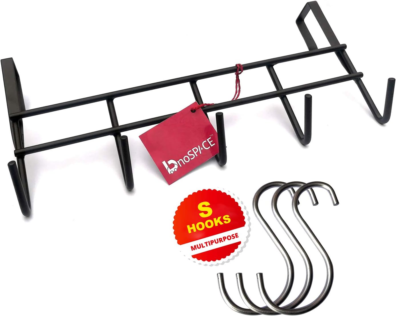 BnoSpace Alloy Steel 5 Hook Over The Door Hanger, Durable & Strong Hanging Organizer Rack for Clothes, Coat, Towel, Bag - No Hole Drilling Required Compatible with Upto 4cm Thick Door (Brown)