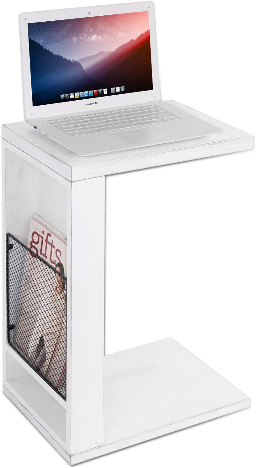 MyGift Vintage White Slatted Boards Style C-Table/Side Sofa Table with Rustic Metal Wire Magazine Holder Slot: Furniture & Decor