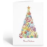 Stonehouse Collection Coral Reef Christmas Tree Card, Coastal Holiday Cards, Christmas 12-Pack with Envelopes, Blank Inside - Made in USA (Coral Tree)
