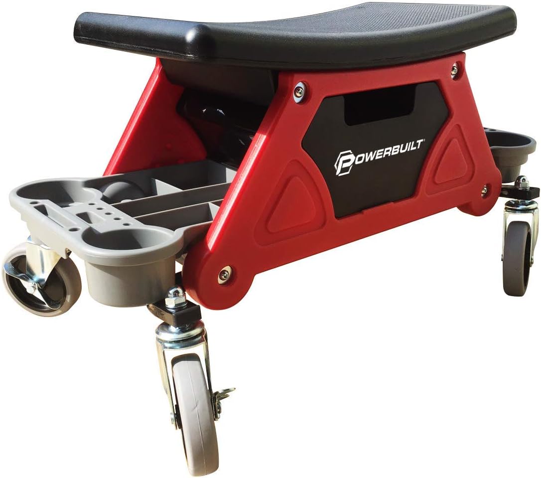 Powerbuilt Heavy Duty Roller Mechanics Seat and Brake Stool with 4-in. Rubber Swivel Casters Roll Over Anything, Big Seating Platform, Slide Out Tool Trays and Drawer 300 lb. Capacity – 240036: Automotive