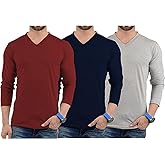 URBAN CREST Pack of 3 Plain Long Sleeve Shirt Men - Soft Comfortable V Neck Full Sleeves Fashion Tees for Men