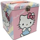 The Tin Box Company Hello Kitty Stack Store and Carry Storage Tin, Square Metal Container with Handle, 5.75 x 5.75 x 5.75 Inches, Pink and Blue Design, Ages 3+