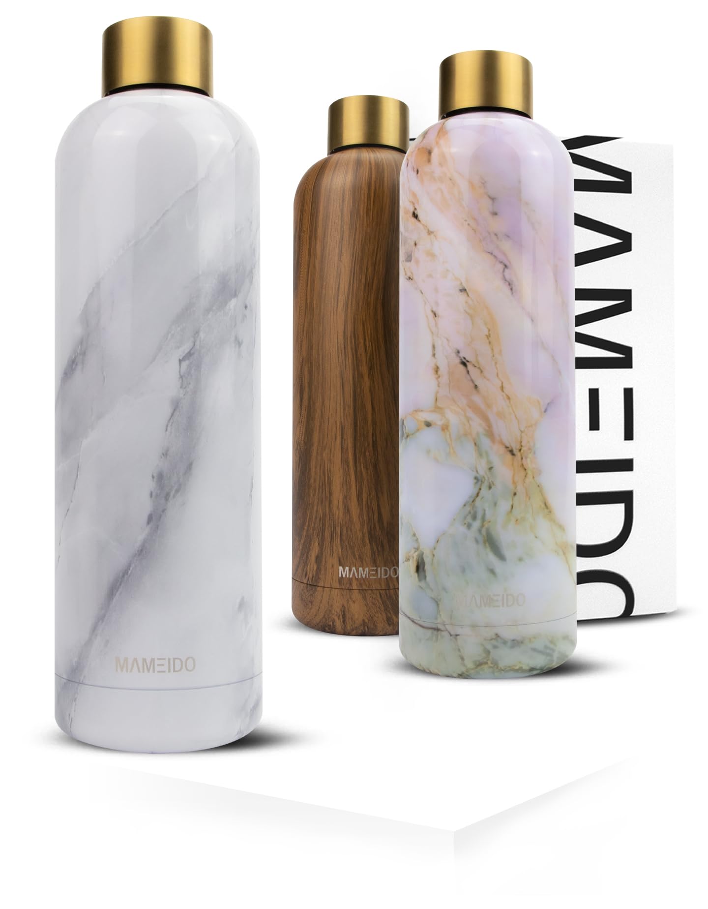 MAMEIDO Insulated Water Bottle 500ml - Leak-Proof 18/8 Stainless Steel Thermo Flask (White Marble Gold, 0,5l)