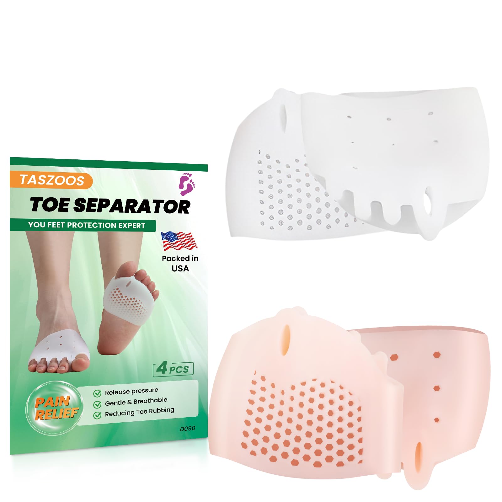 Photo 1 of TASZOOS Toe Separator for Women, Gel Toe Spacers, 4 Pcs Breathable & Soft Metatarsal Pads, Ball of Foot Cushions for Pain Relief Mortons Neuroma, Metatarsalgia, Comfort for Walking,Running