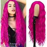 Amnenl Rose Red Hot Pink Curly Wig Long Wavy Wigs for Women Natural Middle Part Synthetic Wig for Halloween Cosplay Wigs