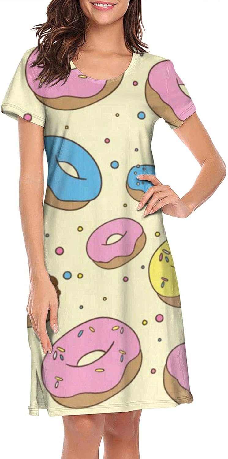 Yhspaa Women Loungewear Colored Donuts Nightgown Funny Sleep Dress Round Neck Sleepshirts at