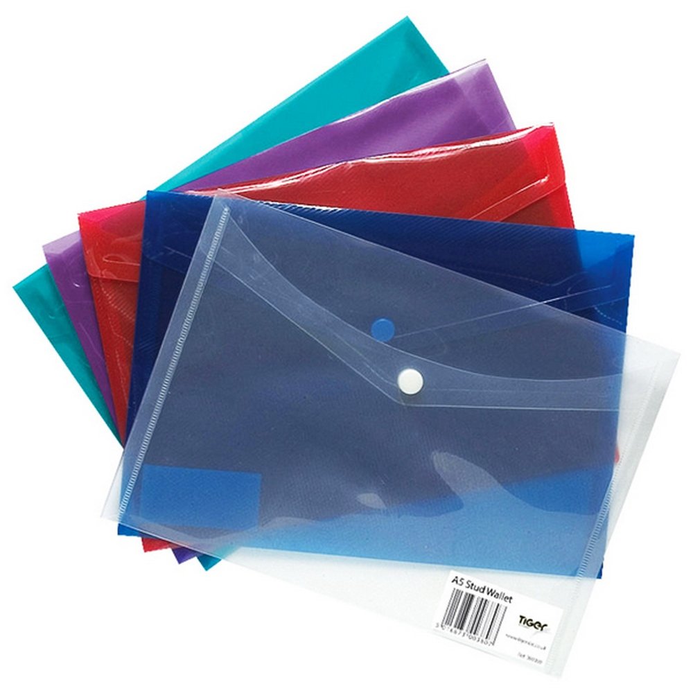 Tiger A5 coloured document stud wallet folder files - pack of 5