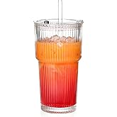 AFINSEA 20OZ Ribbed Glass Cups with Lids and Straws,Iced Coffee Cups with Lid,Vintage Glasses Tumbler Glassware for Whiskey Cocktail Beer Juice(1PCS)