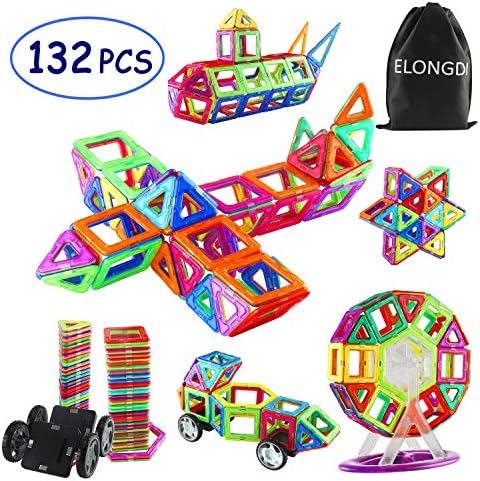 Elongdi Magnetic Building Blocks Set, 132 Pcs Magnetic Blocks Educational Toy Set Magnetic Construction Tiles Stacking Toys Set with Storage Box