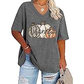 Plus Size V-Neck Thanksgiving Tshirt Women Thankful Shirt Leopard Plaid Pumpkin Graphic Tee Casual Short Sleeve Tops