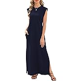 Enaisyl Maxi Dresses for Women Round Neck Loose Casual Maxi Sundresses with Sleeves Casual Summer Split Dress with Pockets Navy Blue