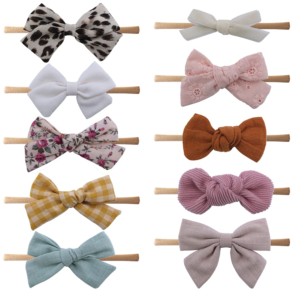 Baby Bow Nylon Headband for Newborn Infant Toddler Baby Girls Hair Bow Elastic Band Accessories (Beige/Pop)