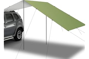 F FINEC Portable Car Awning for SUV Van Truck Jeep, 14.44 x 6.56 FT Large Vehicle Awning Tailgate Tent for Tailgating Camping, Waterproof UV50+ Rain Tarp for Outdoor Backyard Party (Green)