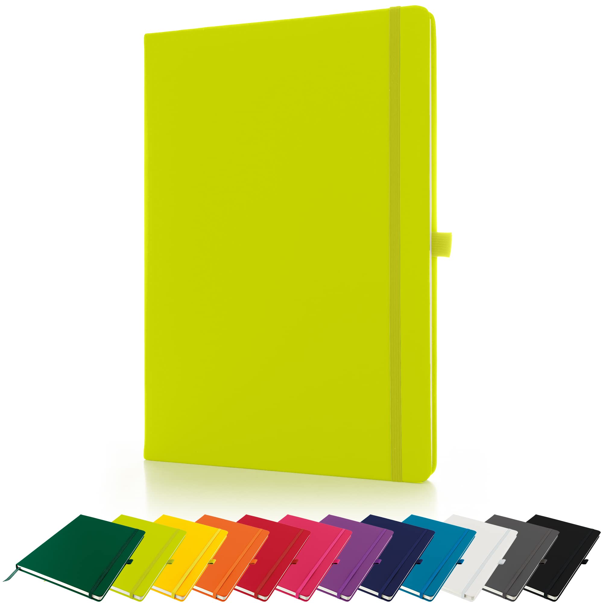 Savvy Bee Premium A4 Notebook New Lined Hardback Journal with Pen Loop, Elastic Closure and Ribbon Marker Notepad Note Book Notes Pad (Lime)