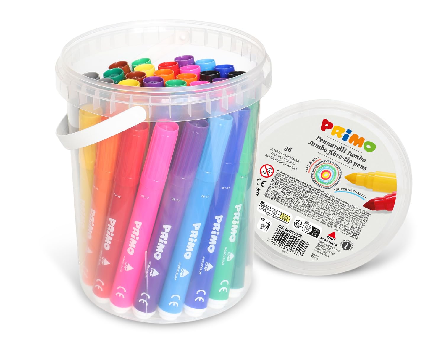 PRIMO Morocolor, Jumbo Markers, 36 large tip markers, bucket washable markers, 12 bright and luminous colors, Ø 7.6mm large tip, washable markers for children, Made in Italy