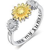 SHINYKEND Lab Grown Diamond Sunflower Rings for Women,18K Gold Plated 925 Sterling Silver Three Sunflower Stacking Statement Band Jewelry Gifts for Graduation Birthday | You are My Sunshine