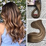 Moresoo 14 inch Straight Remy Human Hair Colorful Two Tone Hair Chocolate Brown Highlighted with Caramel Blonde Clip In Hair Extensions Full Head 120 Grams