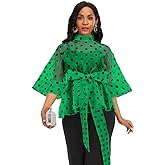 AOMEI Women's Stand Collar Polka Dot See Through Front Tie Peplum Blouse
