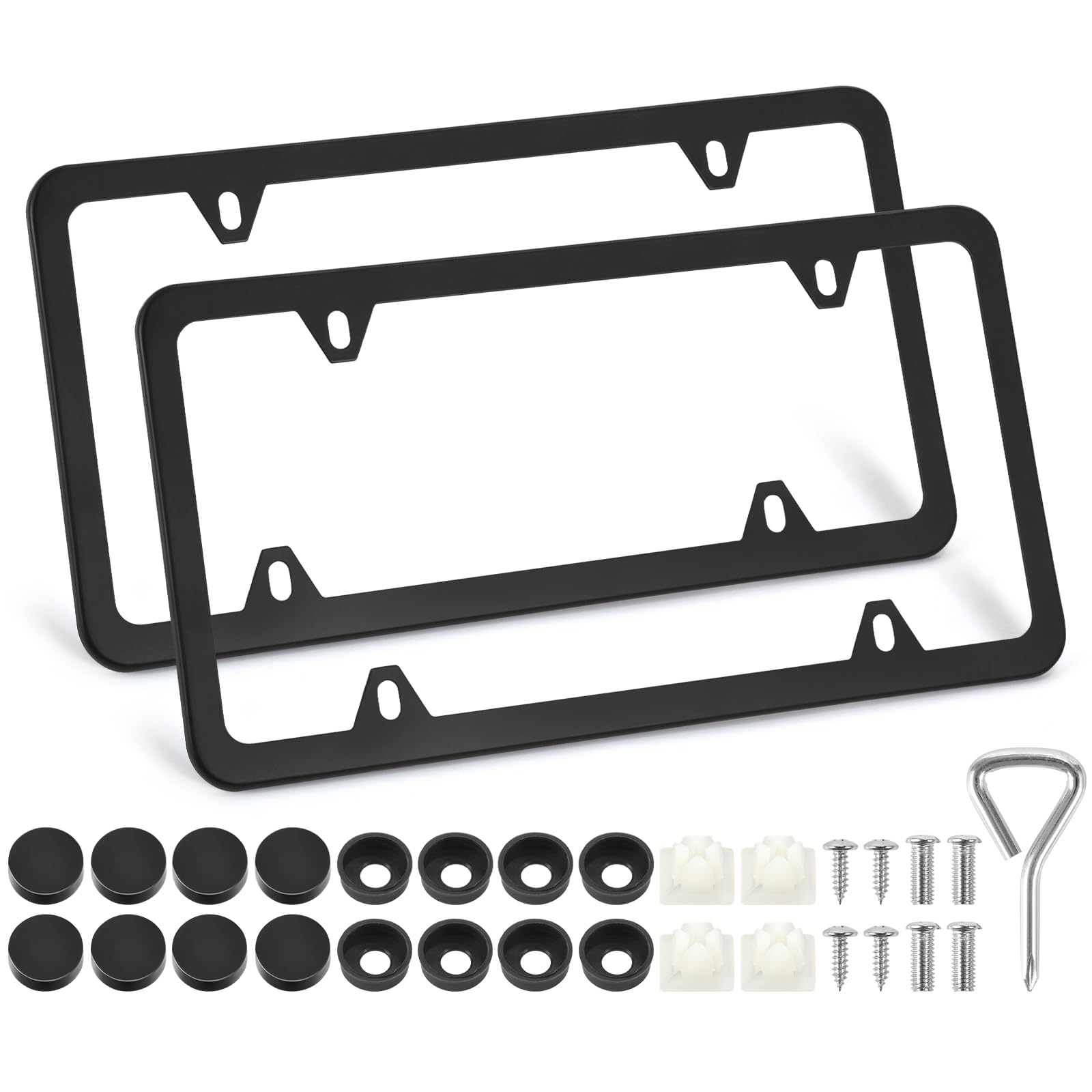 Photo 1 of 2 Pack License Plate Frames, 4 Holes Matte Black License Plate Frame, Aluminum License Plate Holder with Free Screws Fasteners Caps and Tool