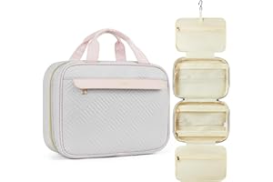 Telena Hanging Travel Toiletry Bag - Quilted Convenient & Stylish Organizer for Traveling Women, Grey with Pink