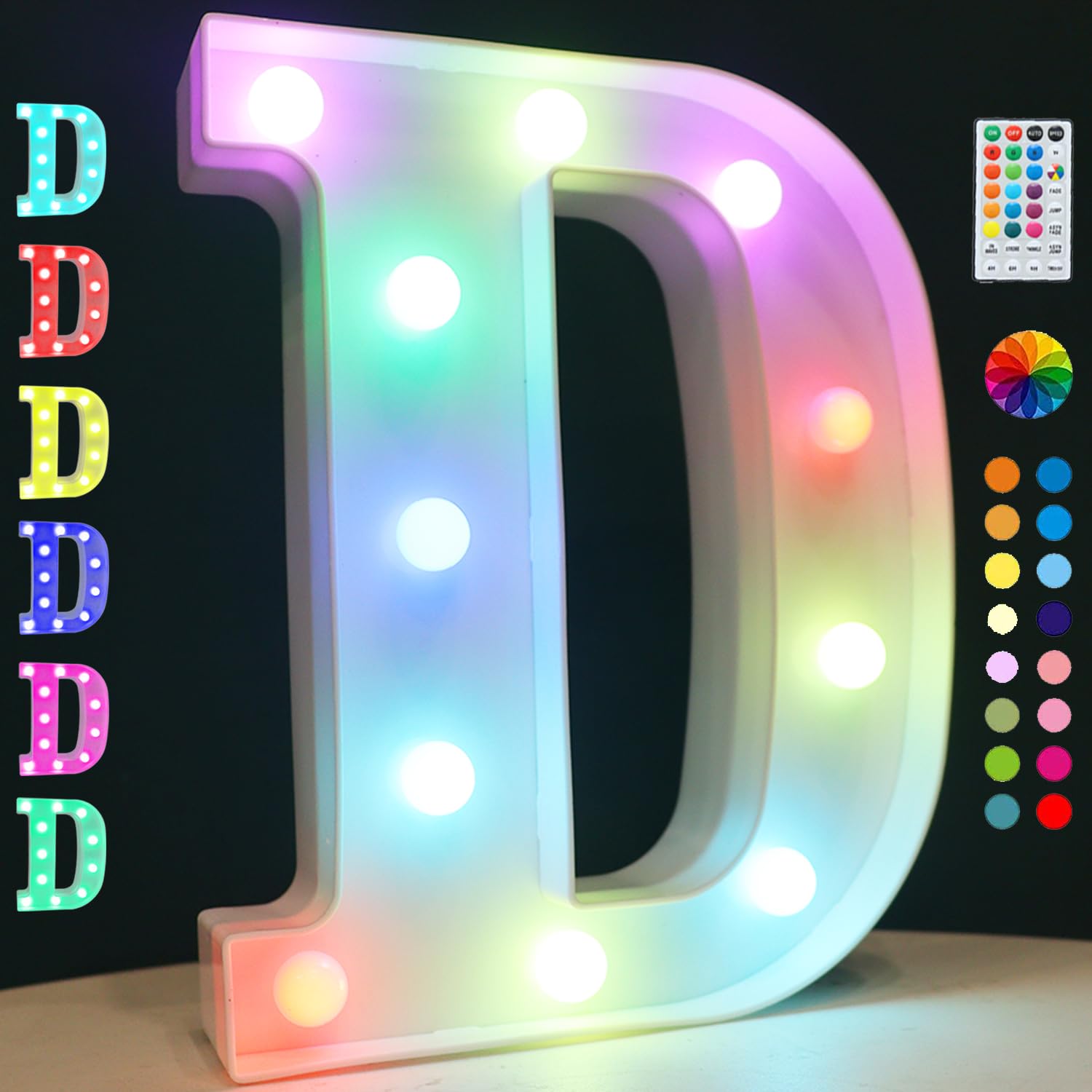 Light Up Colorful LED Marquee Letter Lights, 18 Colors Changing Alphabet Letters Sign with Remote Timer for Night Light Wedding Birthday Party Lamp Christmas Home Bar Decor- Colorful D