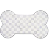 MACKENZIE-CHILDS Pup Placemat, Gray-and-White Sterling Check | Decorative pet mat, made from polypropylene with rubber backing, bone-shaped mat for food and water bowls, 9.5" W x 24" L