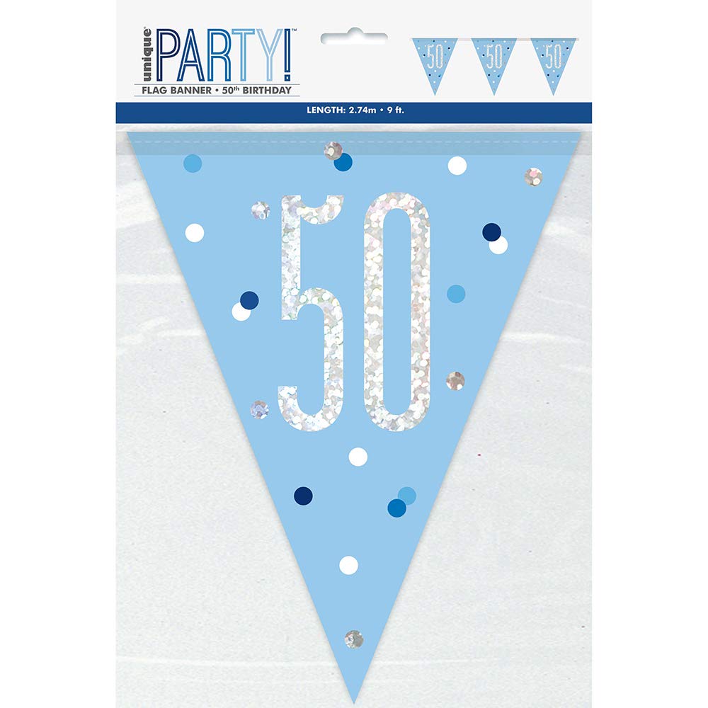 Unique Party 83441-9ft Glitz Blue & Silver 50th Birthday Bunting Banner