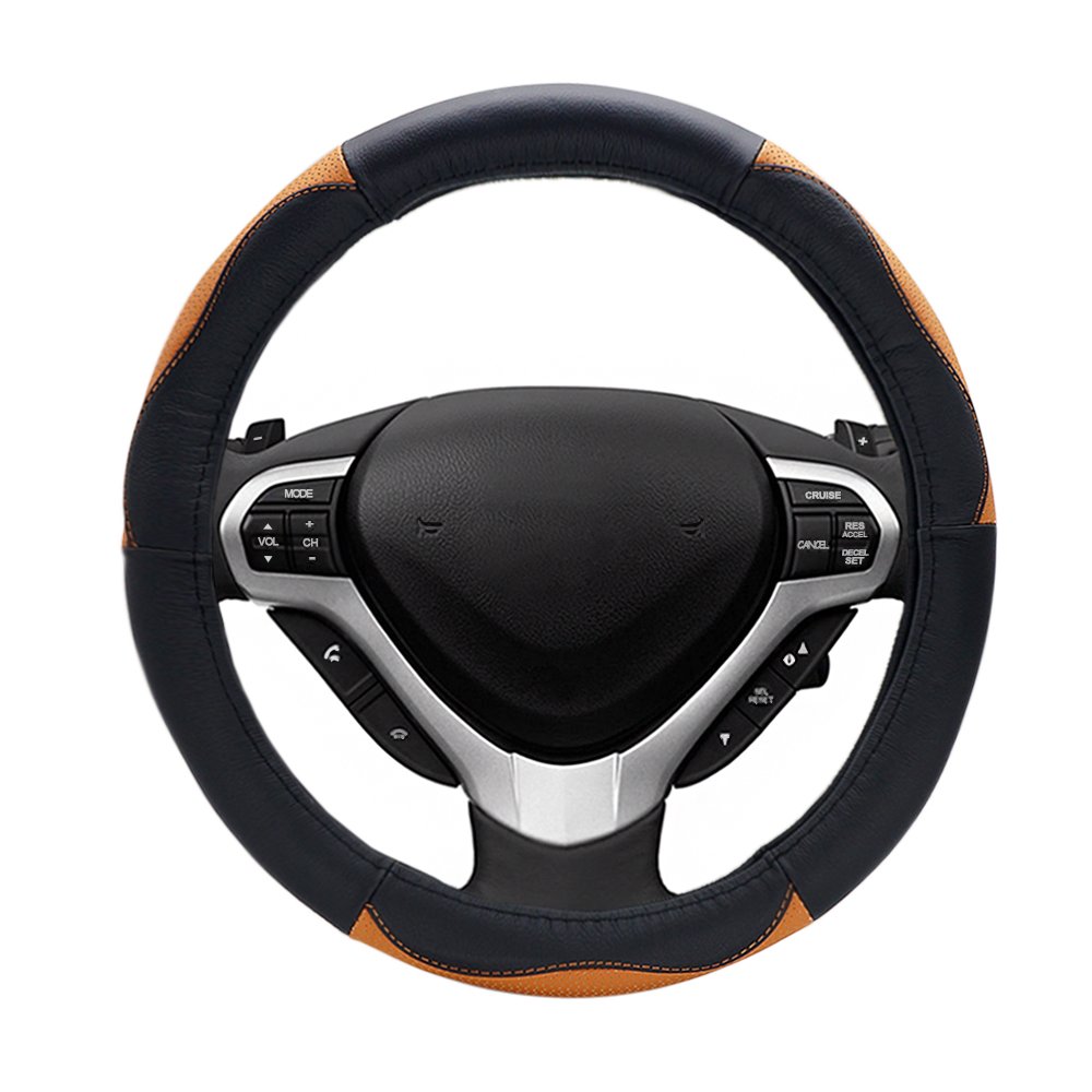 LOCEN Genuine Leather Car Steering Wheel Cover - A STYLE - Black with Brown (Outer Diameter 35CM-36CM)