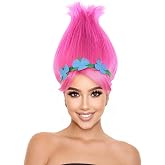 BC GOODS BY Vibrant Pointed Princess Troll Pink Pointy Wig with Green and Blue Floral Crown for Adult, Universal Capless Design Flame-retardant Synthetic Fiber