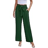 NILOUFO Women Summer Casual Wide Leg Pants High Waisted Elastic Tie Knot Boho Beach Trousers with Pockets
