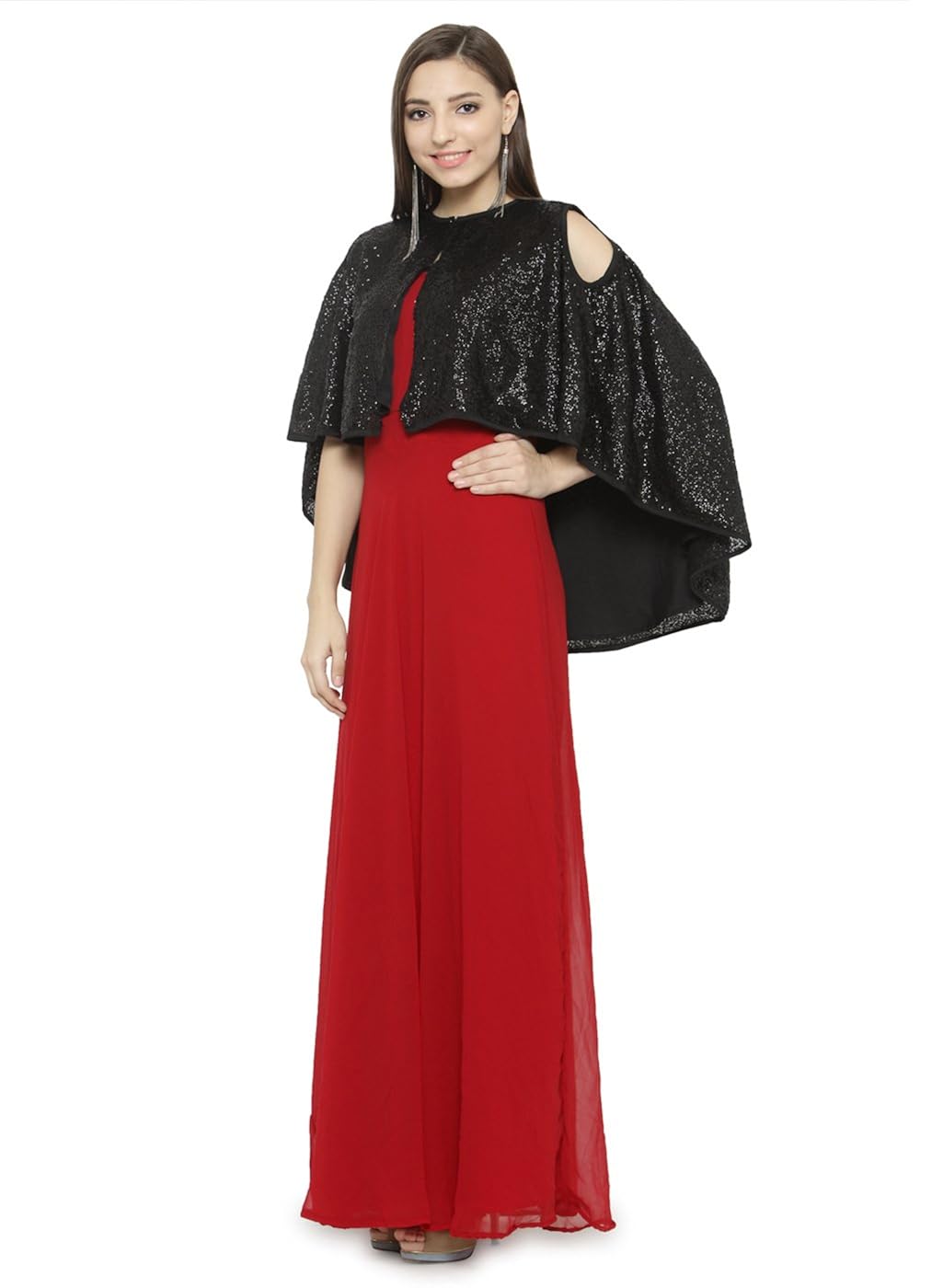 just wow maroon & black poly georgette women's dress (jw813)