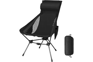 TOBTOS Lightweight Folding Camping Chair, Portable High Back Camping Chair wirh Headrest and Side Pocket, Heavy Duty Stable for Outdoor Camp, Hiking, Backpacking, Beach (Black)